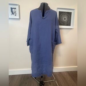 Eileen Fisher Organic Linen Midi Dress L Blue Pockets Lagenlook Minimalist